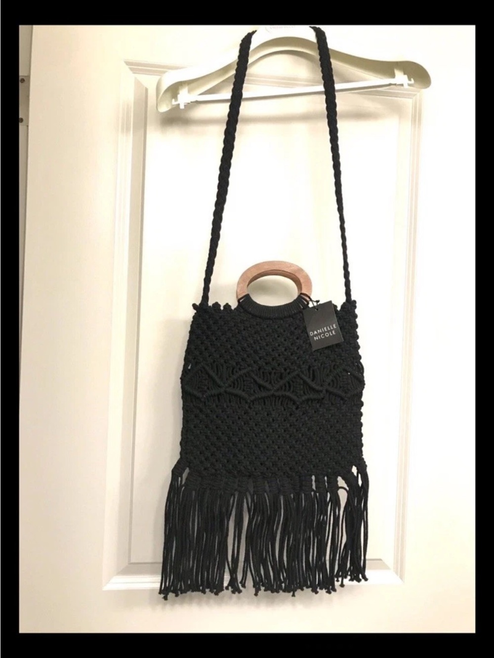 Danielle Nicole Black Macramé Fringe Shoulder Bag with Wooden Ring